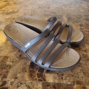 Crocs sz 10 Rhonda Sandal Women Brown Slip-On Strappy Wedge Open Toe Comfort